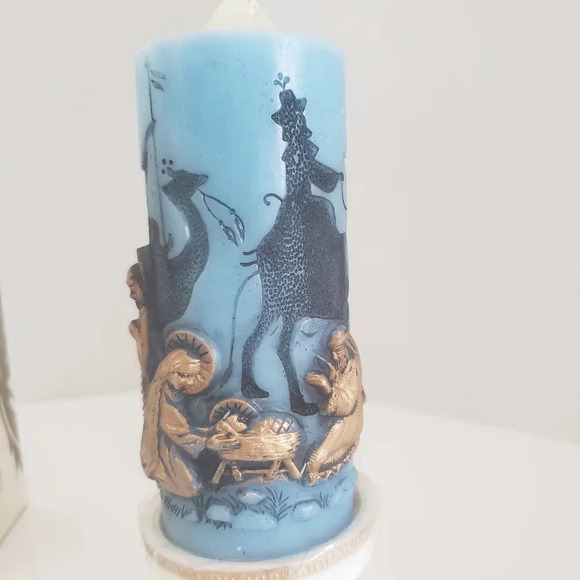 1980s Christmas Adoration Nativity Silhouette Scene Blue Candle with Stand. - Picture 4 of 11